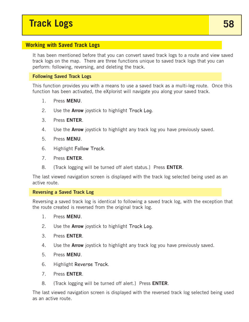 Working with saved track logs, Following saved track logs, Reversing a saved track log | Track logs 58 | Magellan eXplorist 200 User Manual | Page 63 / 83