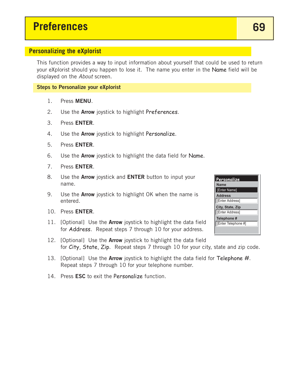 Personlizing the explorist, Steps to personalize your explorist, Personalizing the explorist | Preferences 69 | Magellan eXplorist 200 User Manual | Page 74 / 83