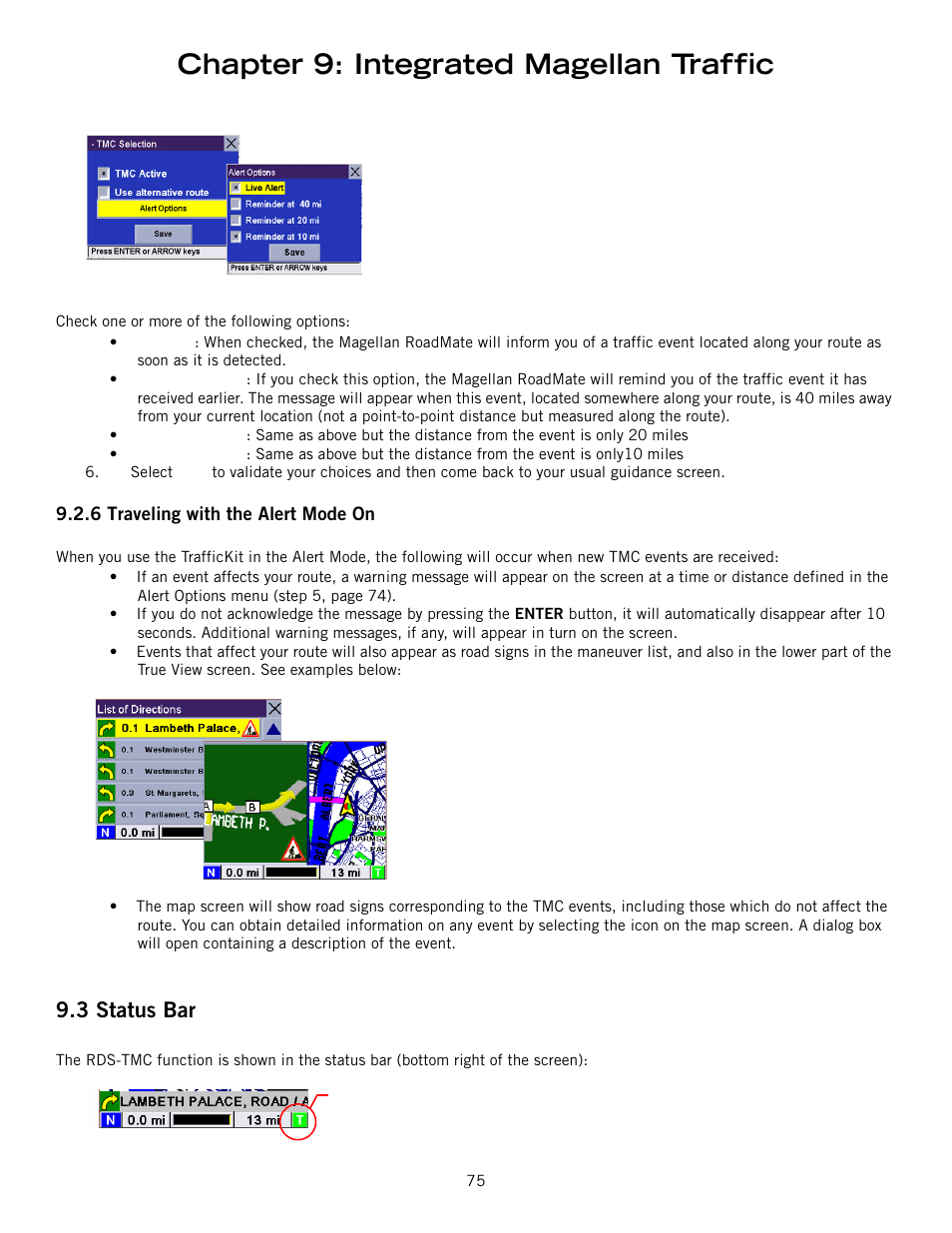 Chapter 9: integrated magellan traffic, 3 status bar | Magellan RoadMate 6000T User Manual | Page 85 / 121