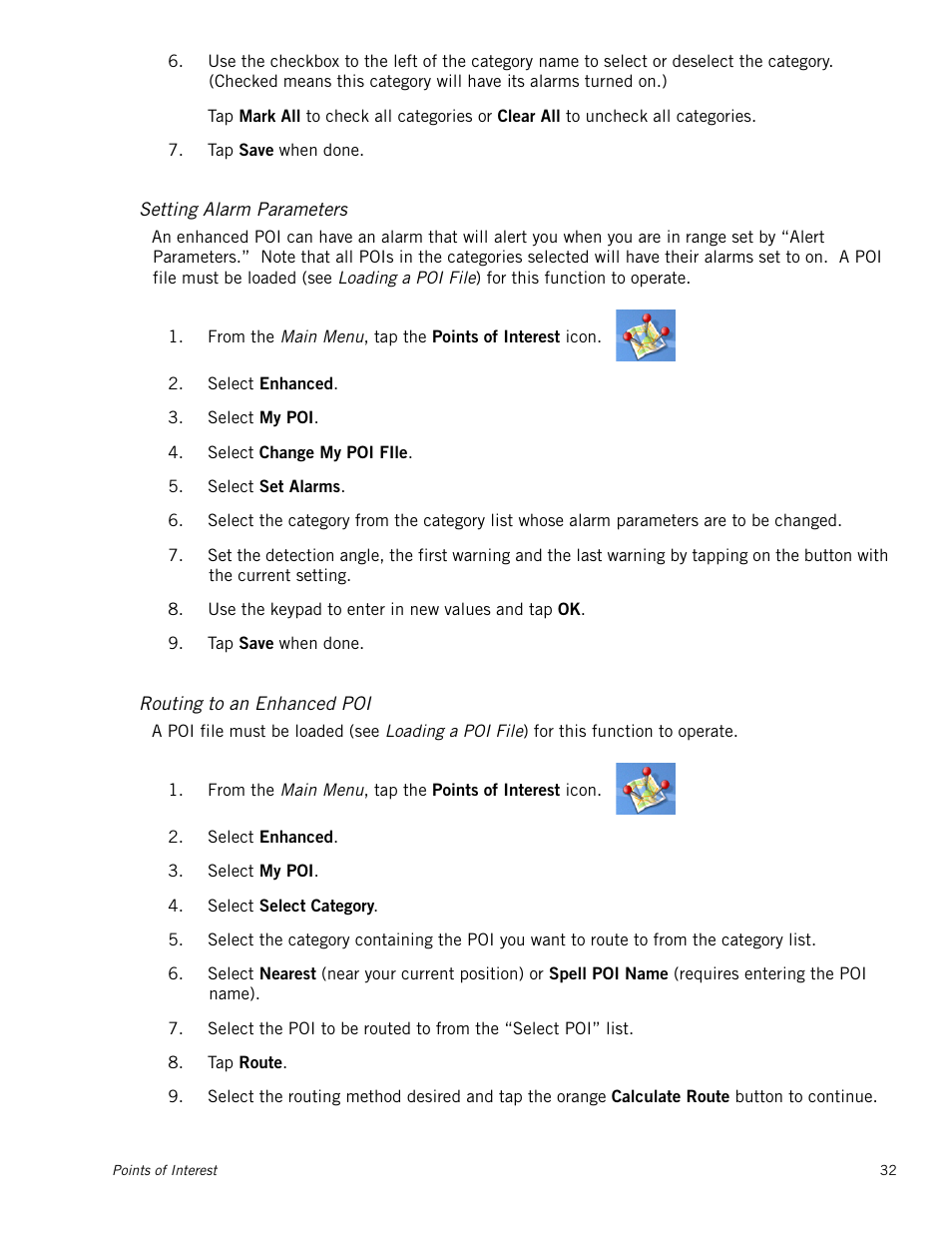 Setting alarm parameters, Routing to an enhanced poi | Magellan RoadMate 1212 User Manual | Page 40 / 60