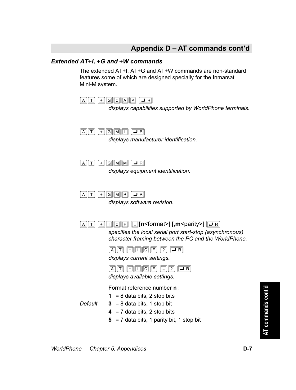 At +gcap ç, At +gmi ç, At +gmm ç | At +gmr ç, At +icf, At +icf ? ç, At +icf =? ç | Magellan GLOBAL SATELLITE TELEPHONE User Manual | Page 135 / 164