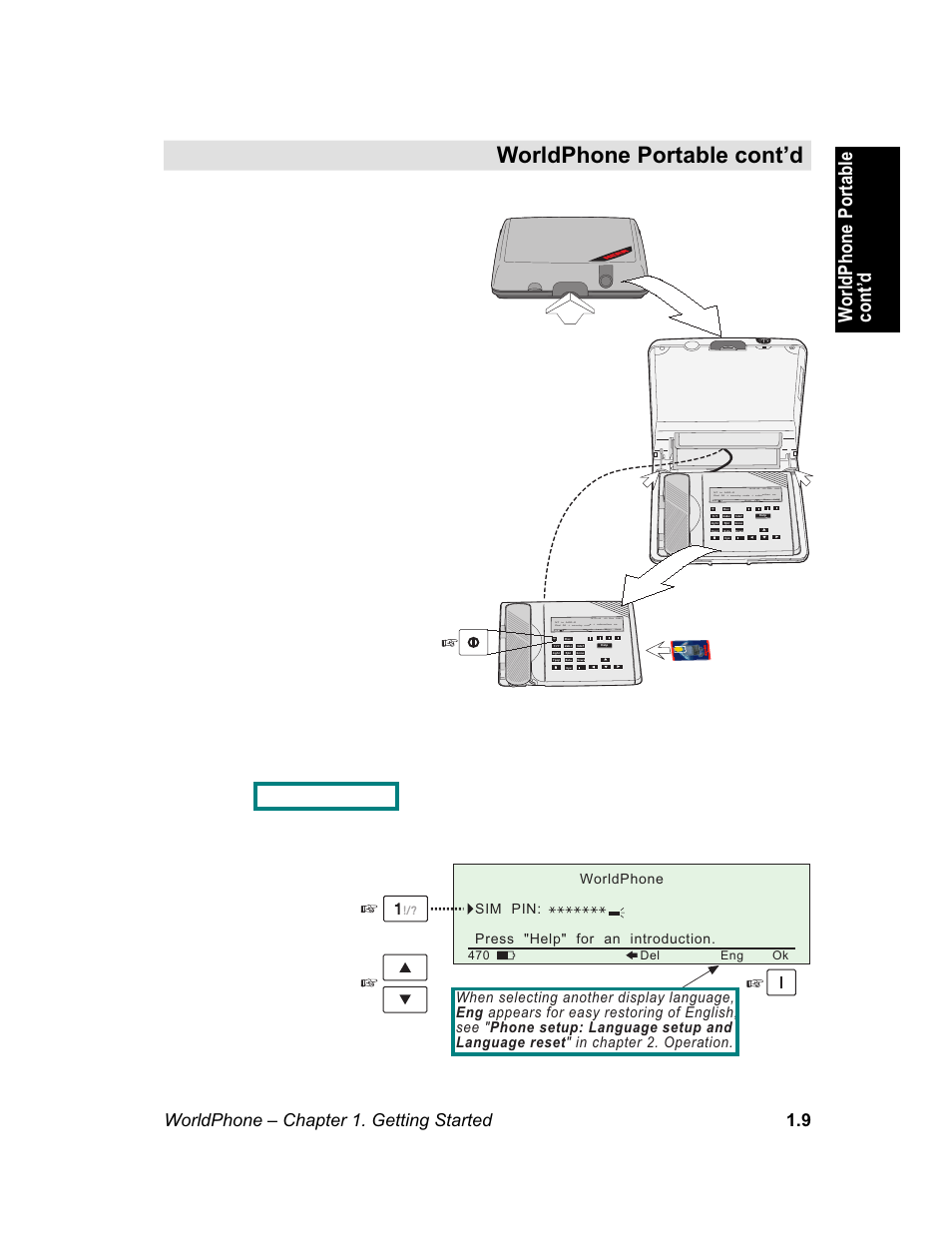 Worldphone portable cont’d, Setting up, See appendix c | Worldphone – chapter 1. getting started 1.9, Open the worldphone, Insert the sim card (if sim operated) | Magellan GLOBAL SATELLITE TELEPHONE User Manual | Page 15 / 164