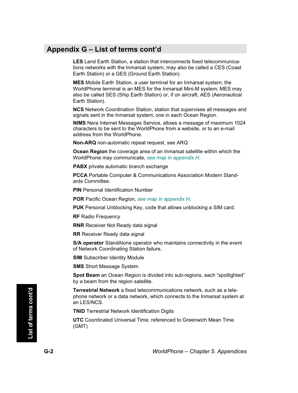 Appendix g – list of terms cont’d | Magellan GLOBAL SATELLITE TELEPHONE User Manual | Page 152 / 164