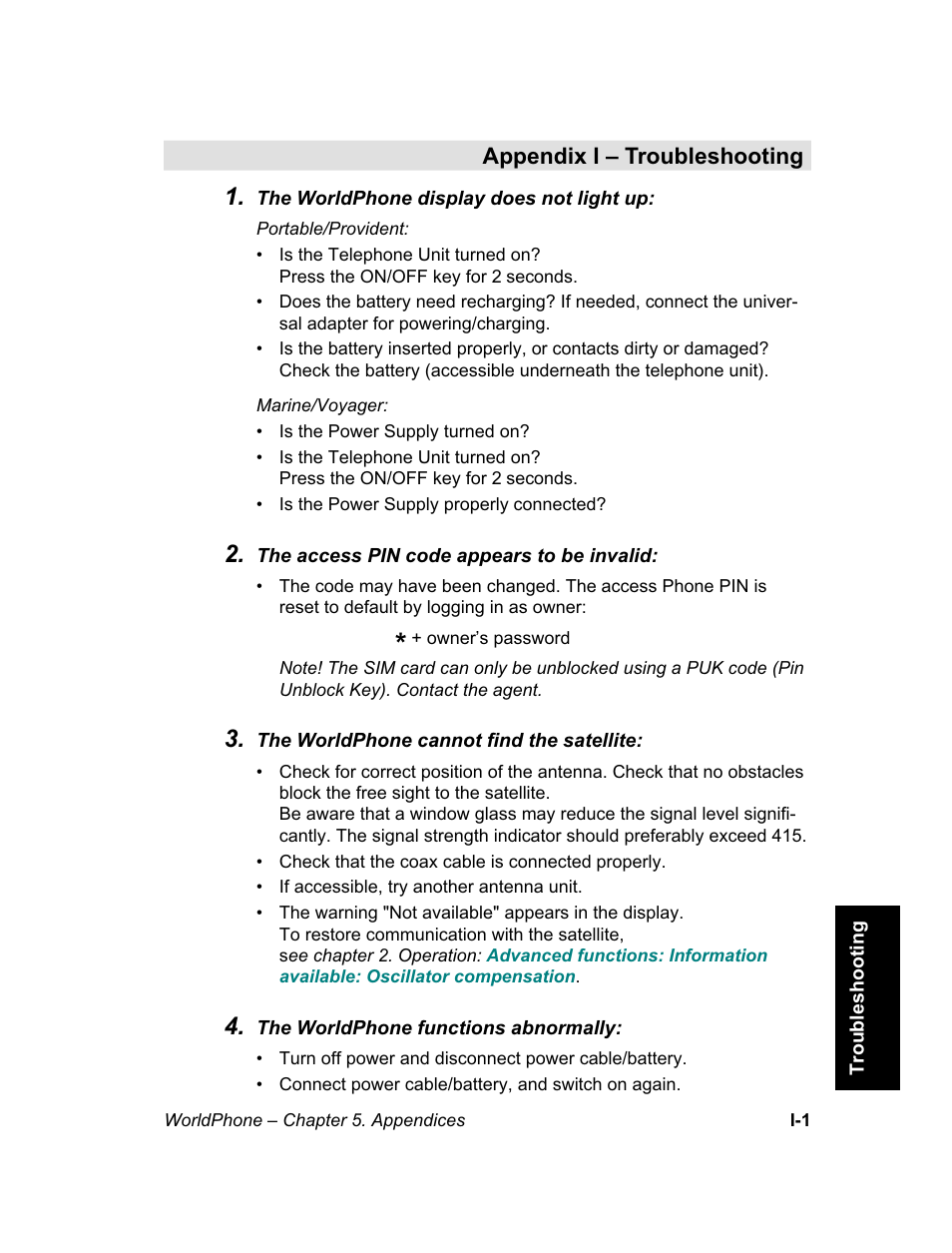 Appendix i – troubleshooting, Appendix i | Magellan GLOBAL SATELLITE TELEPHONE User Manual | Page 157 / 164