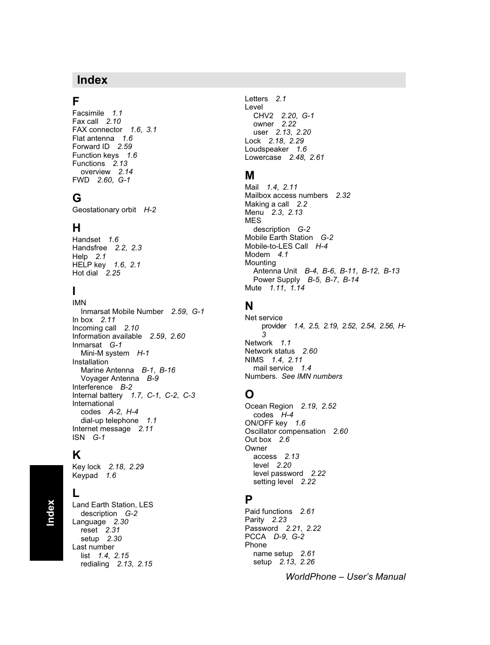 Index | Magellan GLOBAL SATELLITE TELEPHONE User Manual | Page 160 / 164