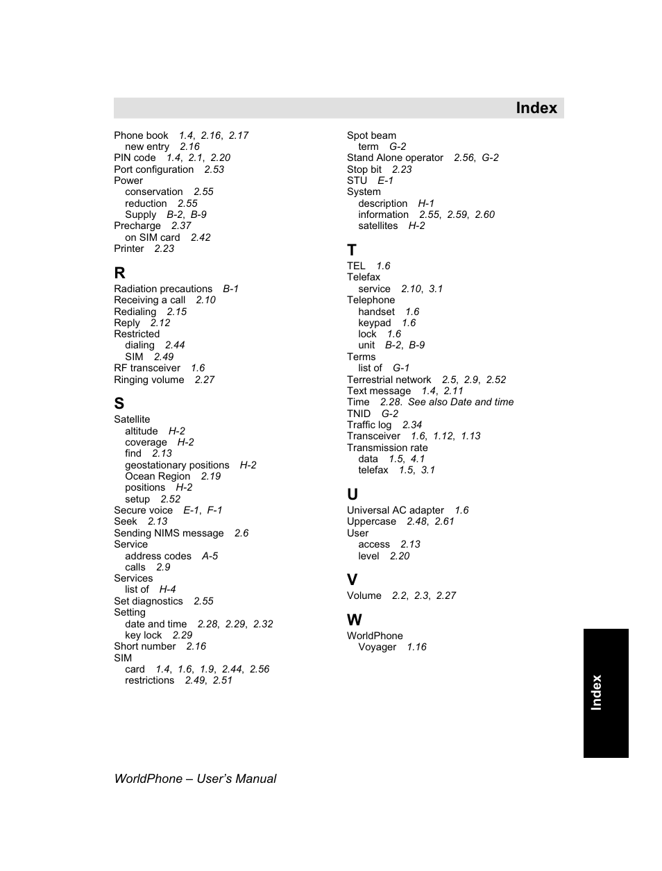 Index | Magellan GLOBAL SATELLITE TELEPHONE User Manual | Page 161 / 164