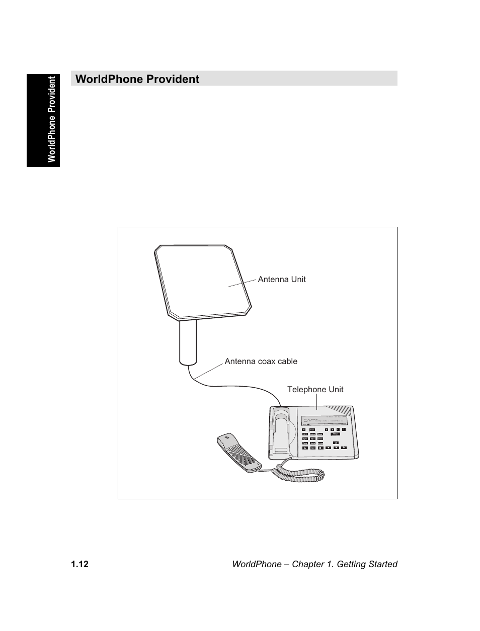 Worldphone provident, General, Outdoor equipment – ode | Indoor equipment – ide, Worldphone – chapter 1. getting started 1.12, Worldphone provident comprises, Including fixed mounted antenna and rf transceiver, Antenna unit antenna coax cable telephone unit | Magellan GLOBAL SATELLITE TELEPHONE User Manual | Page 18 / 164