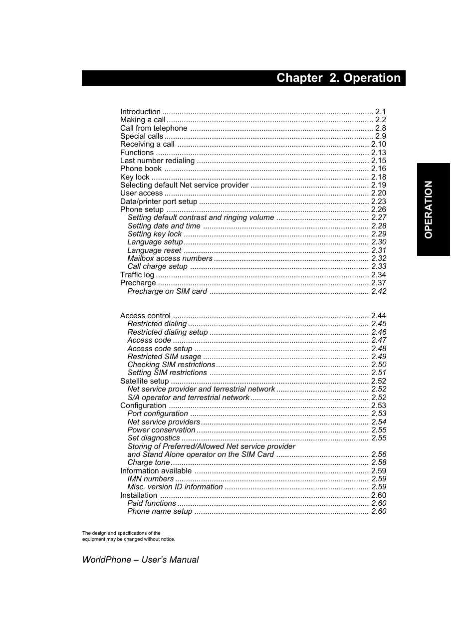 Chapter 2. operation, Contents chapter 2. operation | Magellan GLOBAL SATELLITE TELEPHONE User Manual | Page 23 / 164