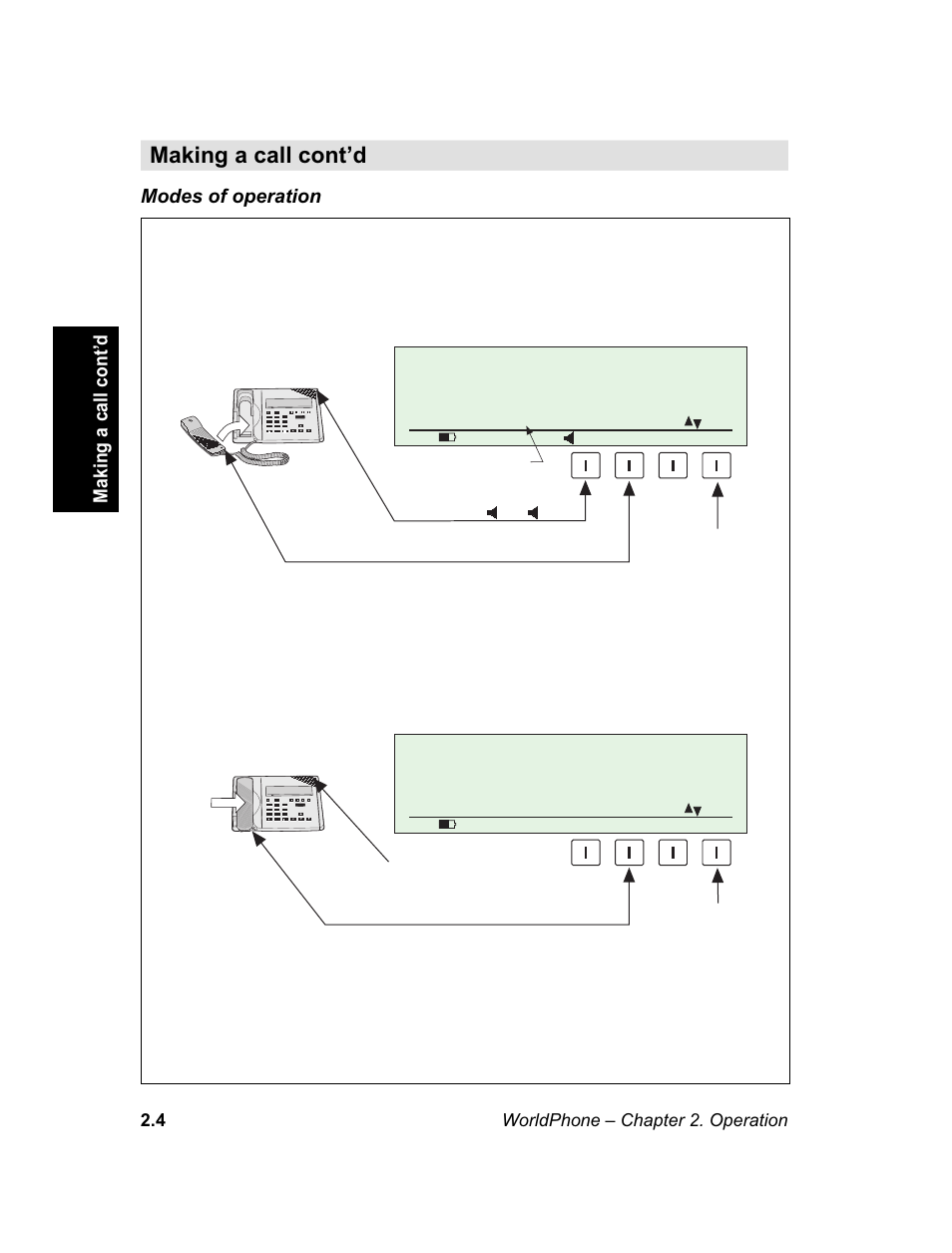 Etc, see, Modes of operation, Making a call cont’d | Call with handset lifted handsfree call mode, Making a call cont’d modes of operation | Magellan GLOBAL SATELLITE TELEPHONE User Manual | Page 28 / 164