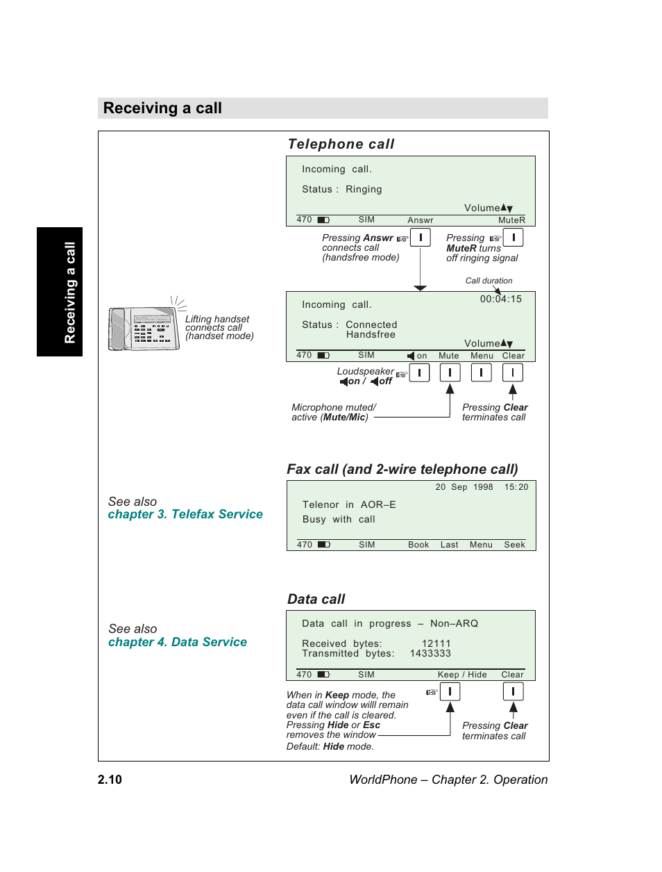 Receiving a call | Magellan GLOBAL SATELLITE TELEPHONE User Manual | Page 34 / 164