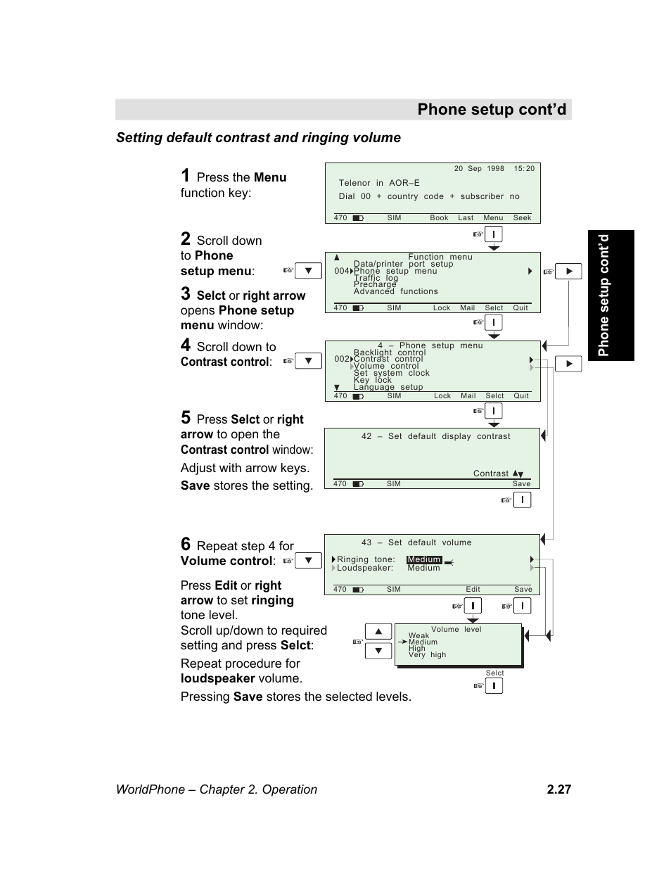 Setting default contrast and ringing volume, Phone setup, For further details | Default display contrast, Default level of ringing tone and loudspeaker, M e n u, Phone setup cont’d | Magellan GLOBAL SATELLITE TELEPHONE User Manual | Page 51 / 164