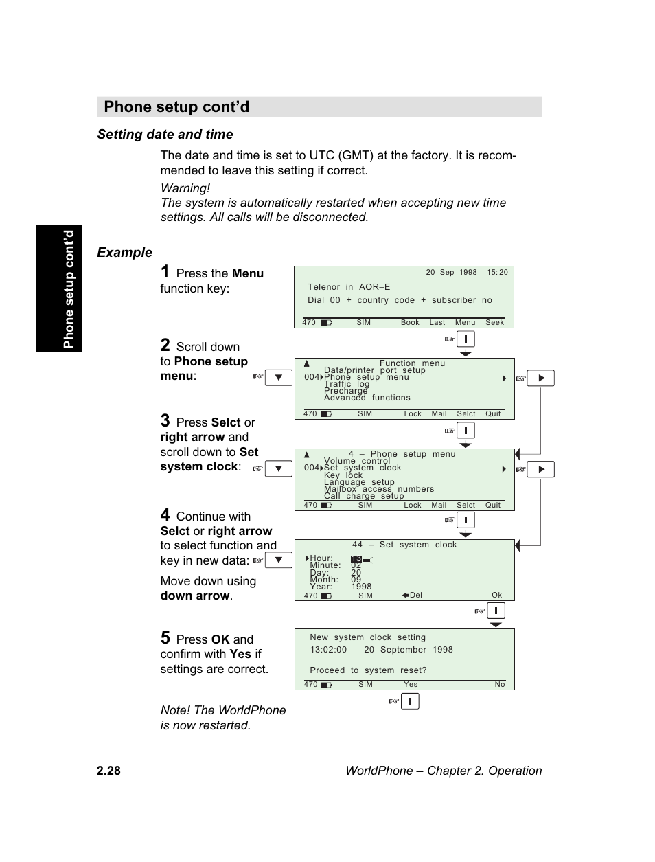 Setting date and time, Date and time, M e n u | Phone setup cont’d, Example | Magellan GLOBAL SATELLITE TELEPHONE User Manual | Page 52 / 164