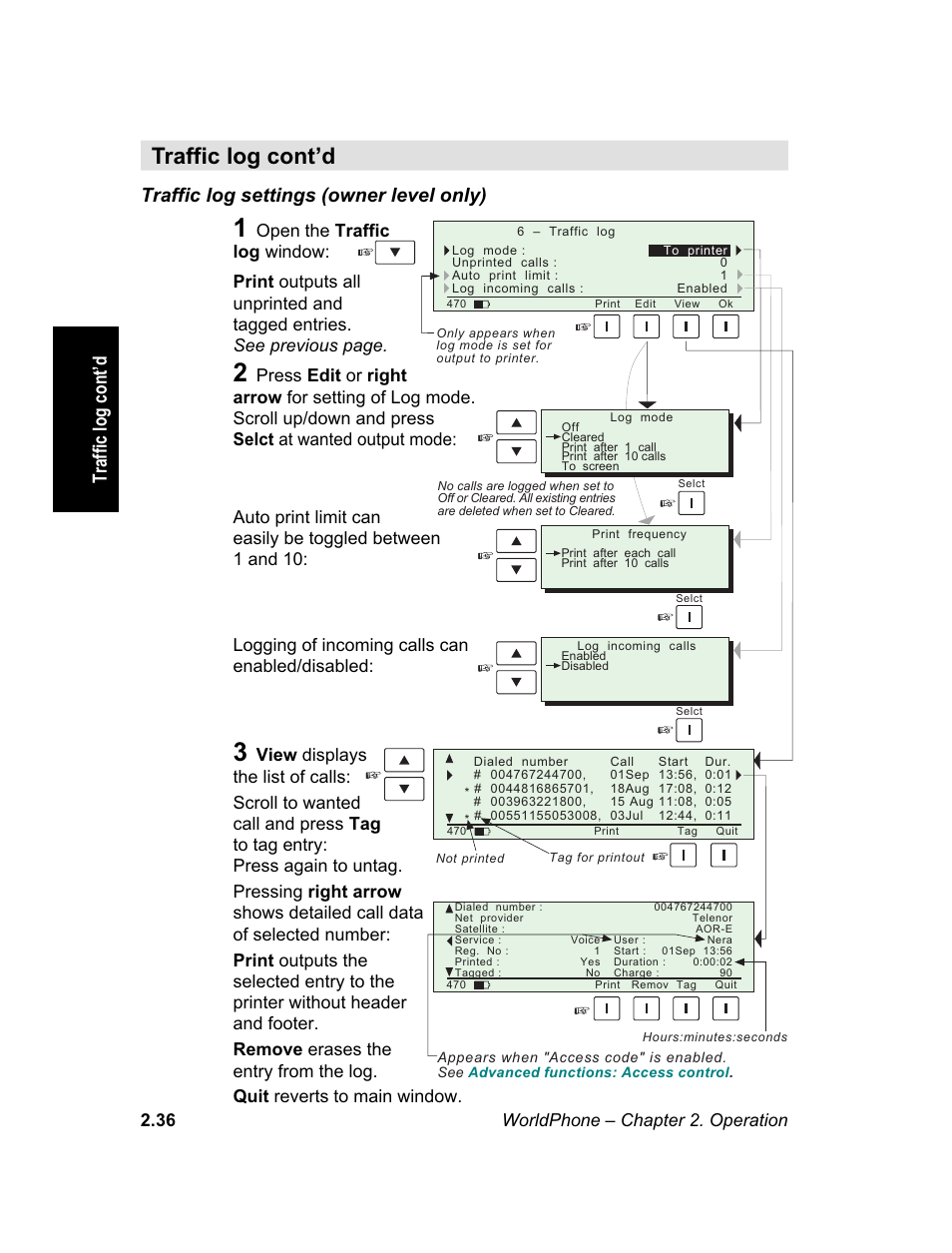 Traffic log settings, M e n u, Traffic log settings (owner level only) | Traffic log cont’d | Magellan GLOBAL SATELLITE TELEPHONE User Manual | Page 60 / 164