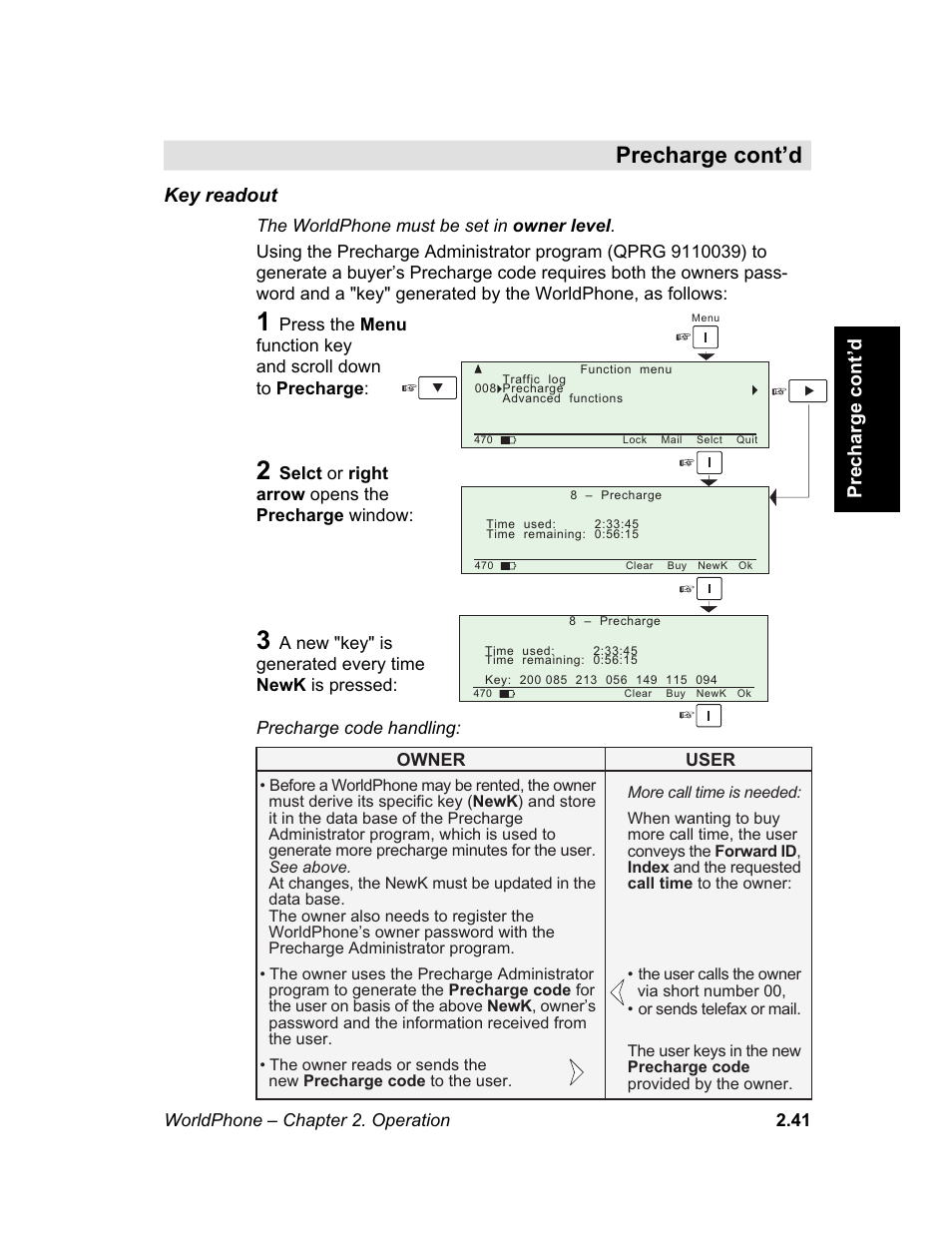 M e n u, Precharge cont’d | Magellan GLOBAL SATELLITE TELEPHONE User Manual | Page 65 / 164