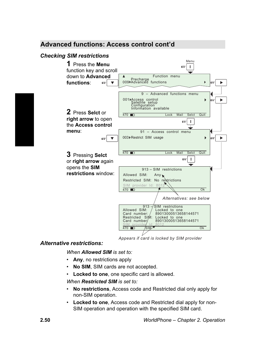 Checking sim restrictions, M e n u, Advanced functions: access control cont’d | Alternative restrictions, Access control cont’d | Magellan GLOBAL SATELLITE TELEPHONE User Manual | Page 74 / 164