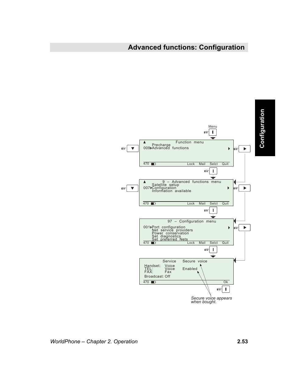 Configuration, Port configuration, M e n u | Example | Magellan GLOBAL SATELLITE TELEPHONE User Manual | Page 77 / 164