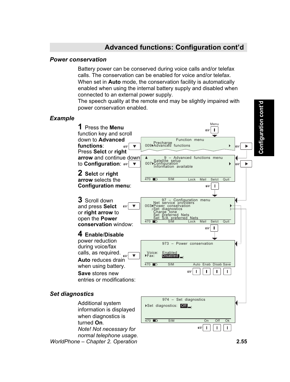 Power conservation, Set diagnostics, Power conservation set diagnostics | Configuration: set diagnostics, M e n u, Configuration cont’d power conservation, Example | Magellan GLOBAL SATELLITE TELEPHONE User Manual | Page 79 / 164