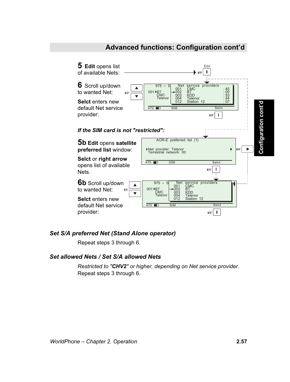 M e n u, Advanced functions: configuration cont’d, Set s/a preferred net (stand alone operator) | Set allowed nets / set s/a allowed nets, Configuration cont’d | Magellan GLOBAL SATELLITE TELEPHONE User Manual | Page 81 / 164