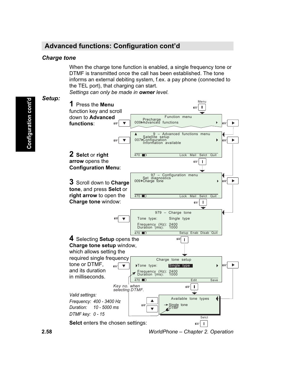 Charge tone, M e n u, Configuration cont’d charge tone | Setup | Magellan GLOBAL SATELLITE TELEPHONE User Manual | Page 82 / 164