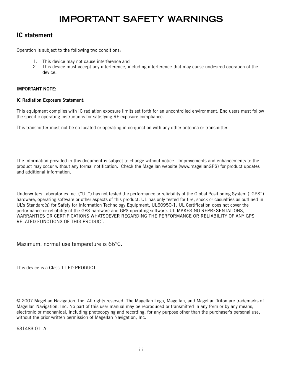 Important safety warnings, Ic statement | Magellan RoadMate 2000 User Manual | Page 4 / 33