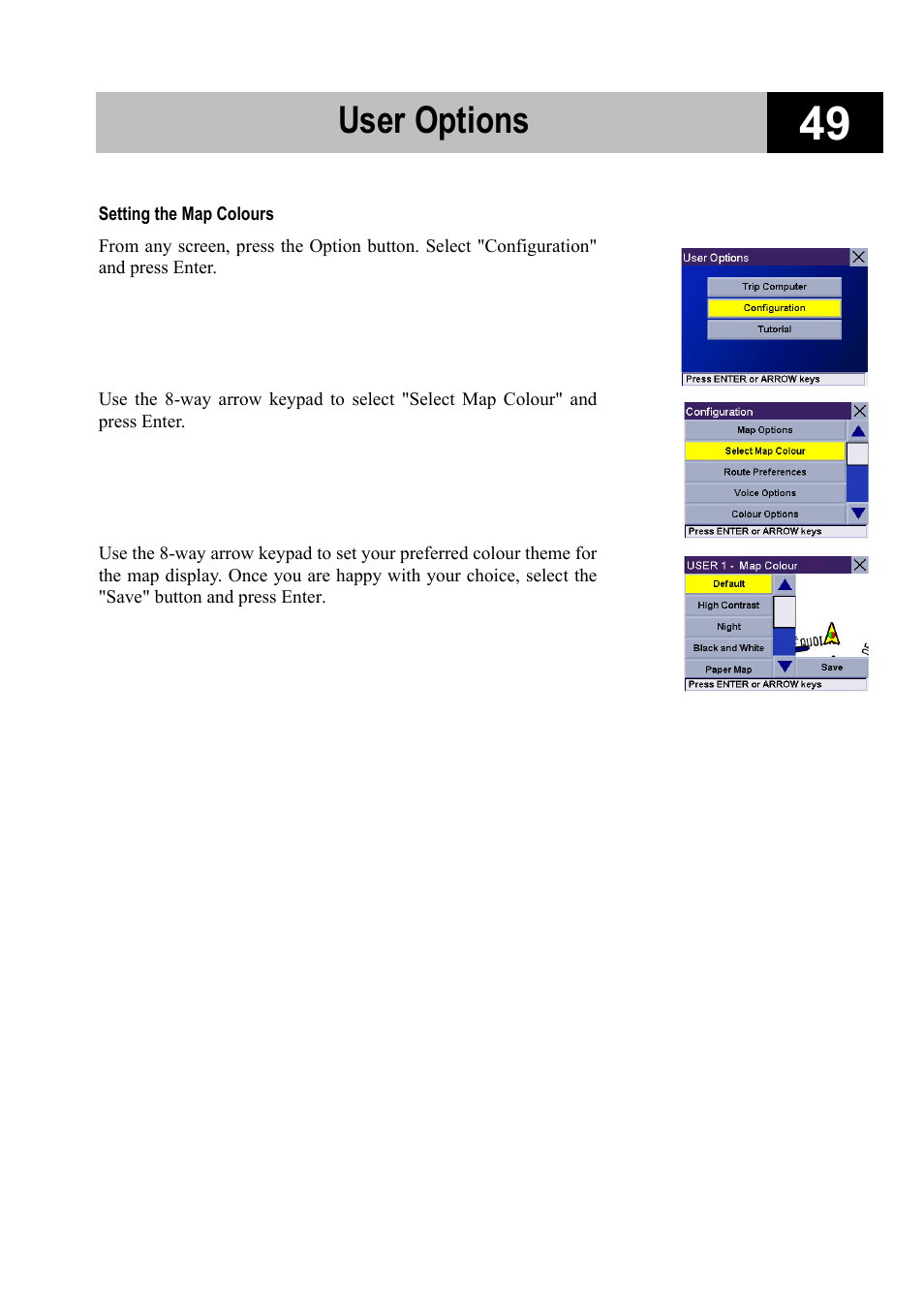 Setting the map colours, User options | Magellan RoadMate 700 User Manual | Page 55 / 68