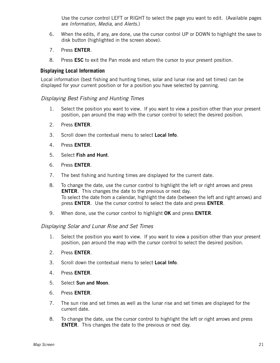 Displaying best fishing and hunting times, Displaying solar and lunar rise and set times | Magellan RoadMate 500 User Manual | Page 29 / 65