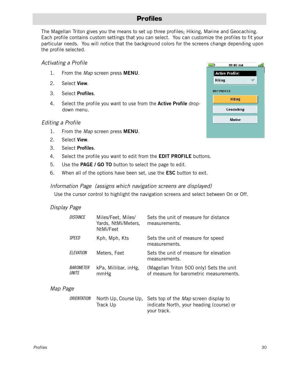 Profiles, Activating a profile, Editing a profile | Magellan RoadMate 500 User Manual | Page 38 / 65