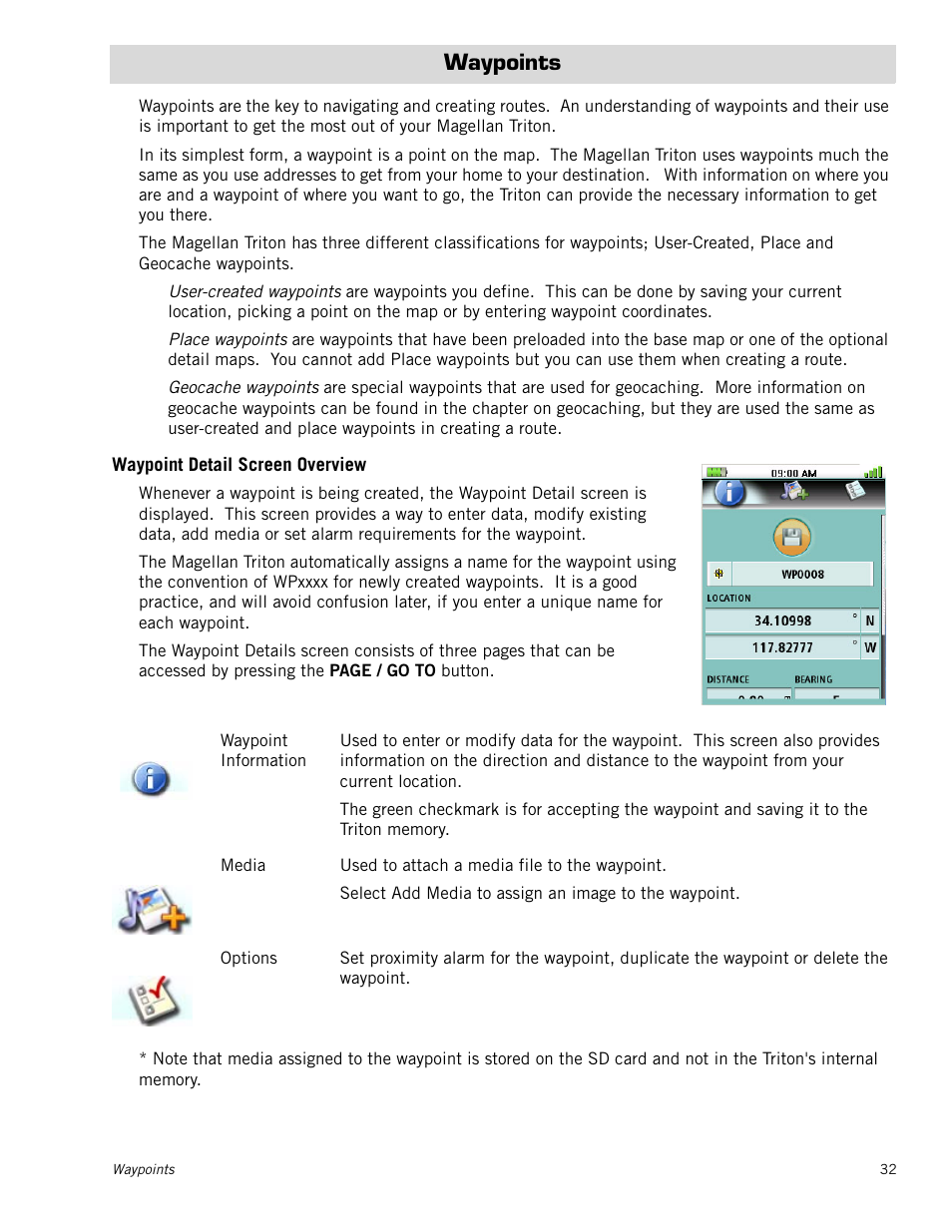 Waypoints, Waypoint detail screen overview | Magellan RoadMate 500 User Manual | Page 40 / 65