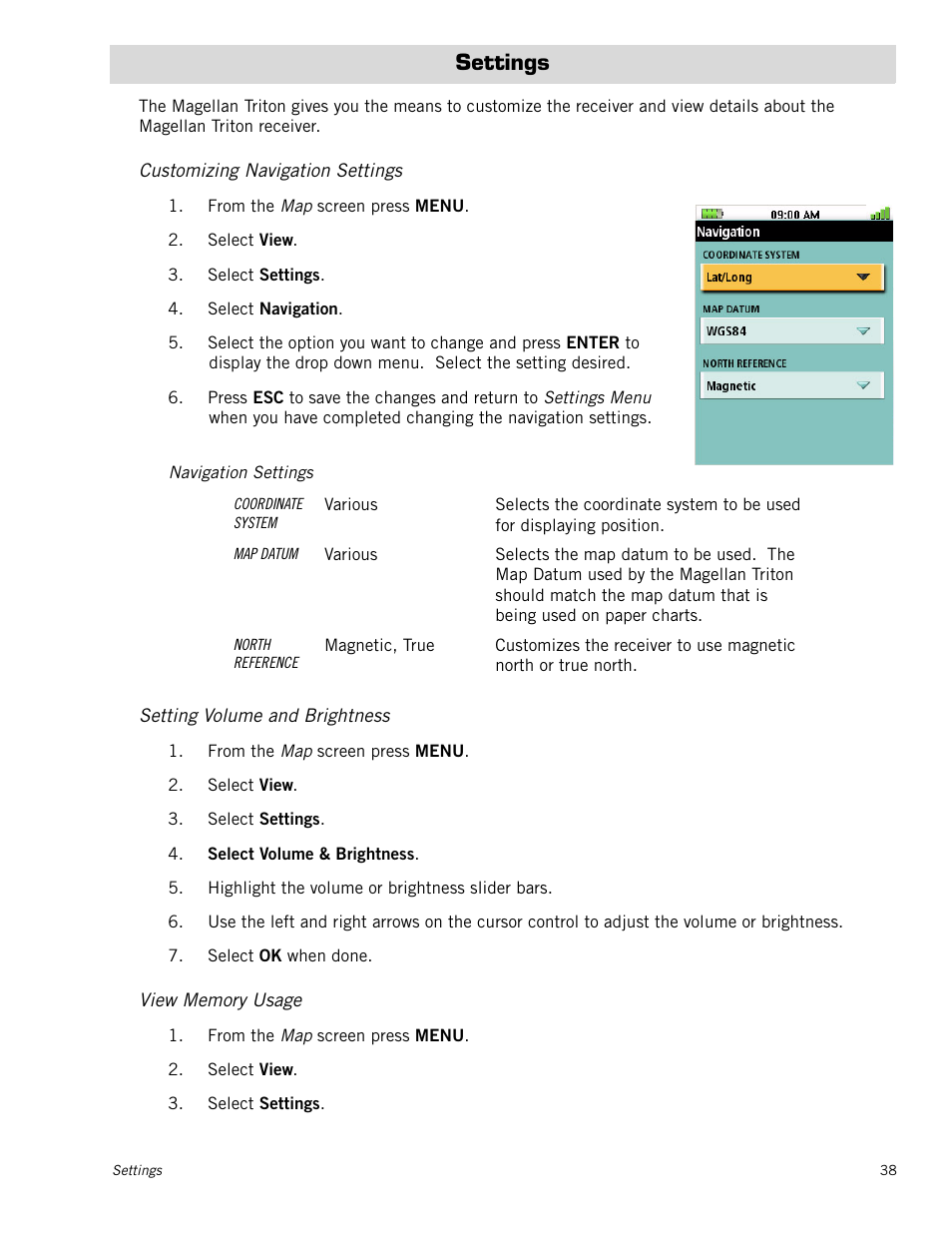 Settings, Customizing navigation settings, Setting volume and brightness | View memory usage | Magellan RoadMate 500 User Manual | Page 46 / 65