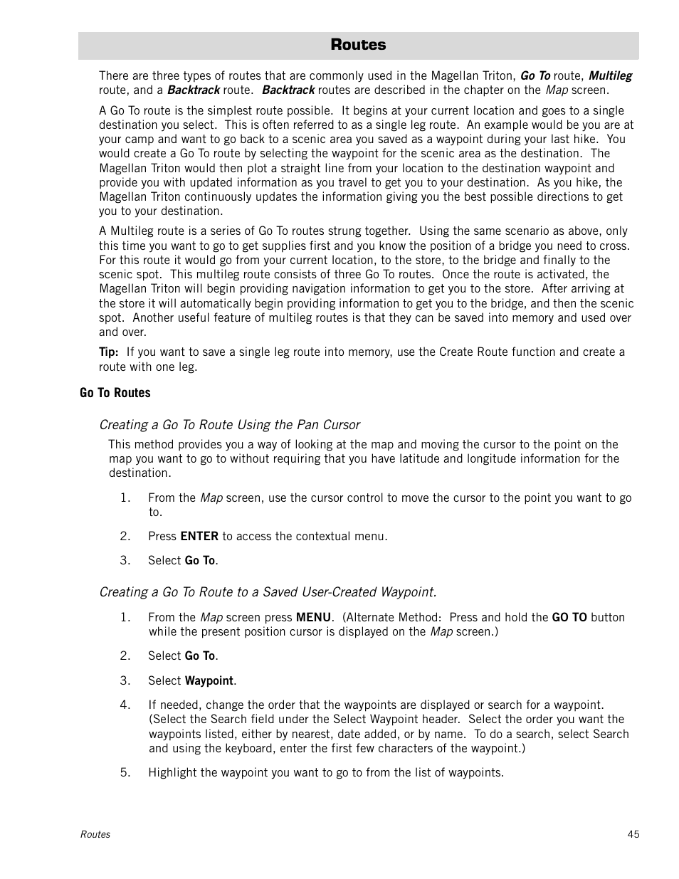 Routes, Go to routes, Creating a go to route using the pan cursor | Magellan RoadMate 500 User Manual | Page 53 / 65
