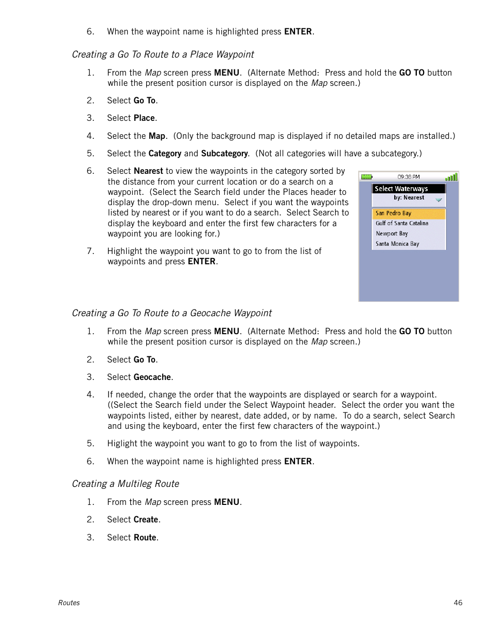 Creating a go to route to a place waypoint, Creating a go to route to a geocache waypoint, Creating a multileg route | Magellan RoadMate 500 User Manual | Page 54 / 65