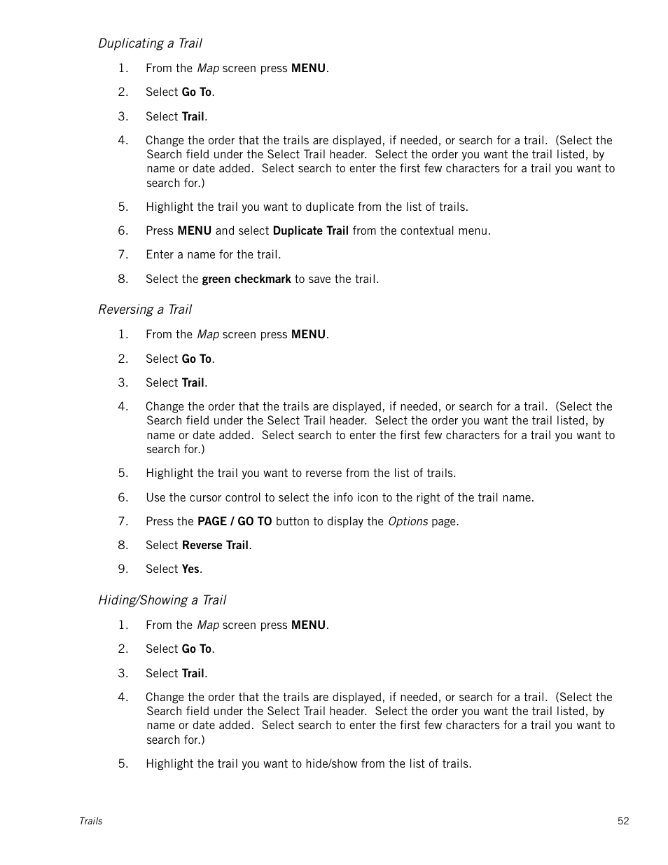 Duplicating a trail, Reversing a trail, Hiding/showing a trail | Magellan RoadMate 500 User Manual | Page 60 / 65