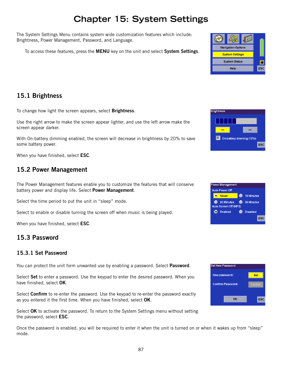 Chapter 15: system settings, 1 brightness, 2 power management | 3 password, 1 set password, Brightness power management password, Set password | Magellan 800 User Manual | Page 96 / 107
