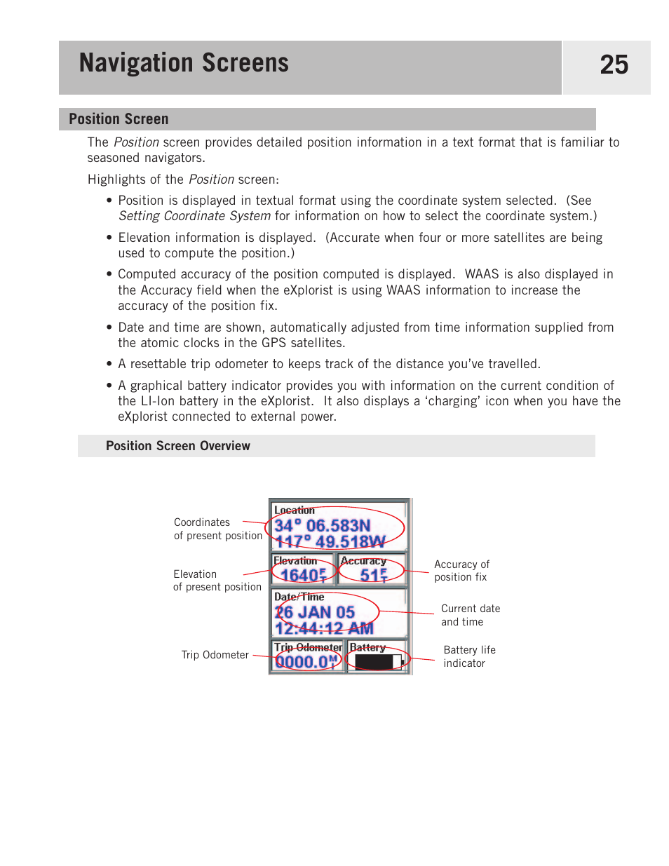 Position screen, Position screen overview, Navigation screens 25 | Magellan eXplorist 500 User Manual | Page 32 / 119