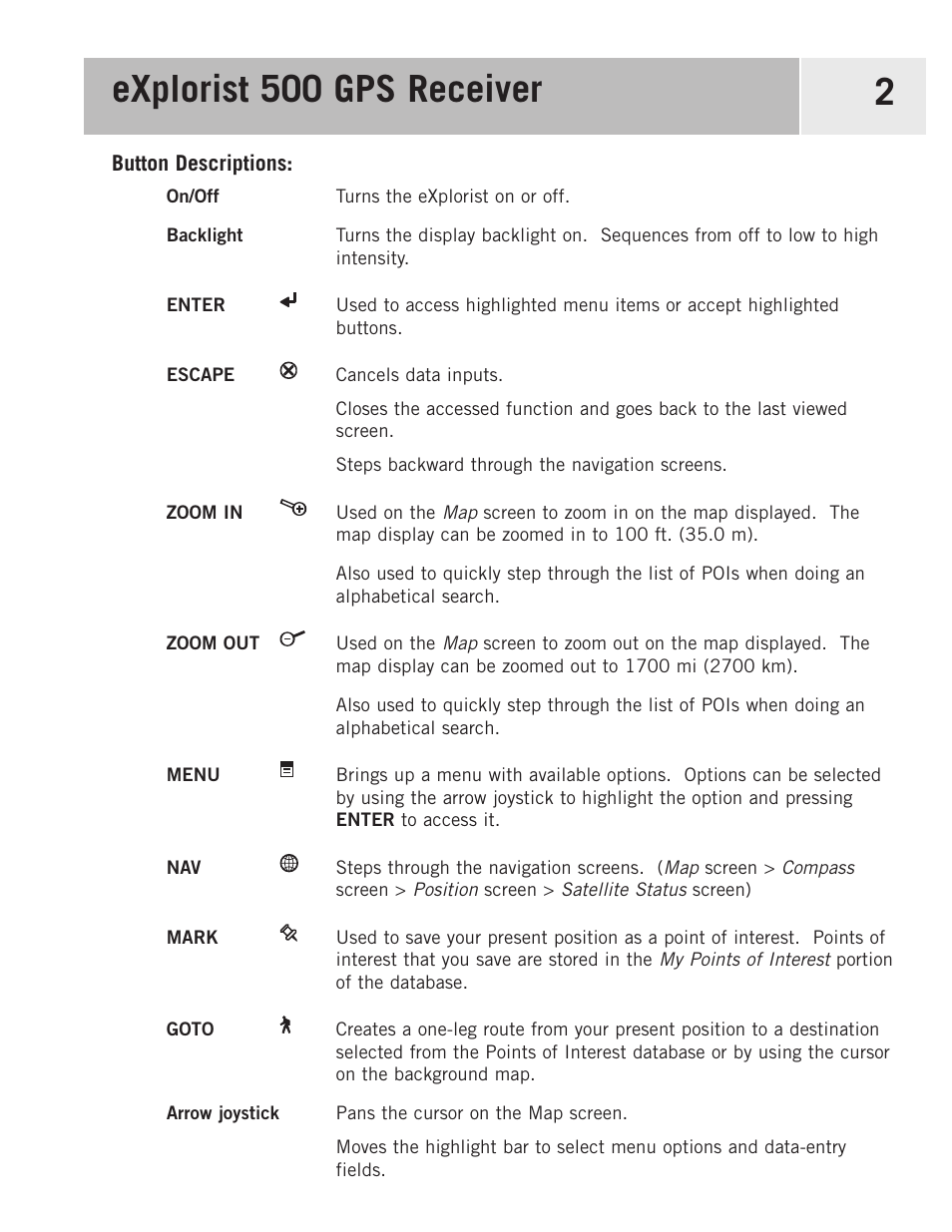 Button descriptions, Explorist 500 gps receiver 2 | Magellan eXplorist 500 User Manual | Page 9 / 119