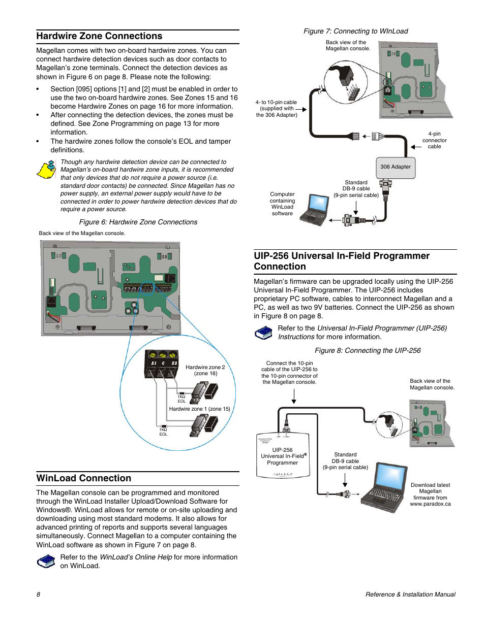 Hardwire zone connections, Winload connection, Uip-256 universal in-field programmer connection | Magellan All-In-One Security System V1.0 MG-6060 User Manual | Page 10 / 48