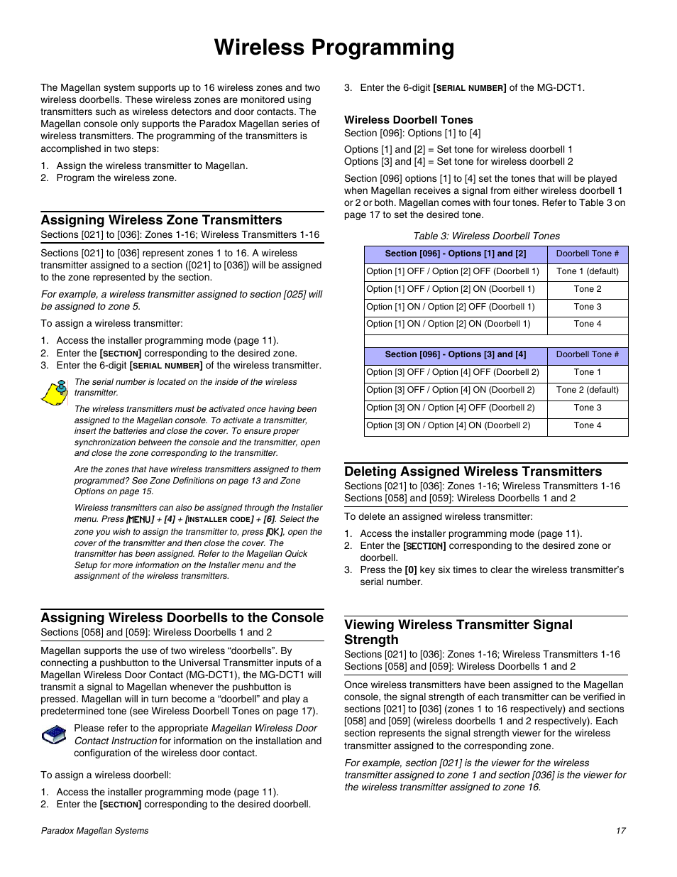 Wireless programming, Assigning wireless zone transmitters, Assigning wireless doorbells to the console | Deleting assigned wireless transmitters, Viewing wireless transmitter signal strength | Magellan All-In-One Security System V1.0 MG-6060 User Manual | Page 19 / 48
