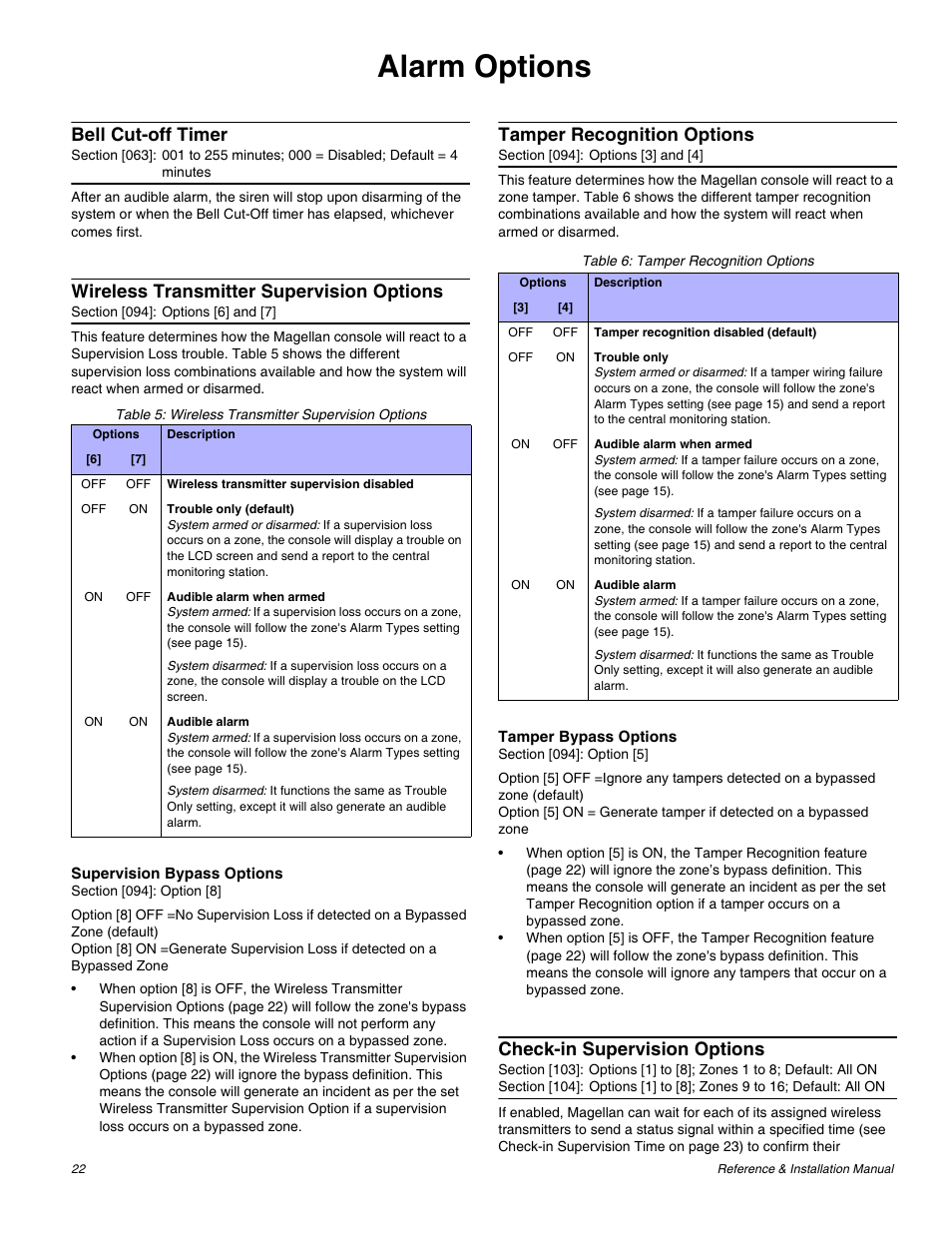 Alarm options, Bell cut-off timer, Wireless transmitter supervision options | Tamper recognition options, Check-in supervision options | Magellan All-In-One Security System V1.0 MG-6060 User Manual | Page 24 / 48