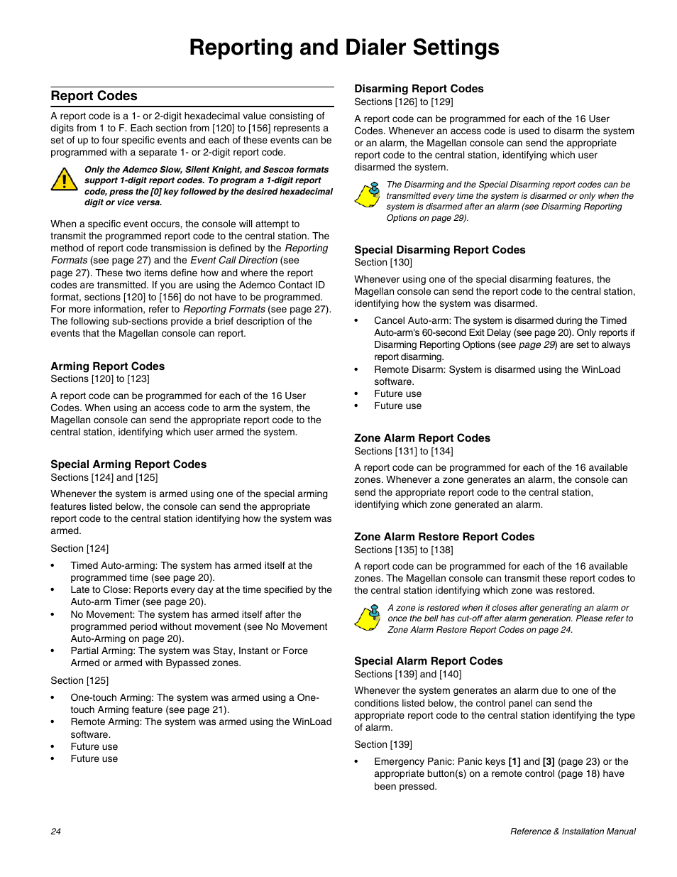 Reporting and dialer settings, Report codes | Magellan All-In-One Security System V1.0 MG-6060 User Manual | Page 26 / 48