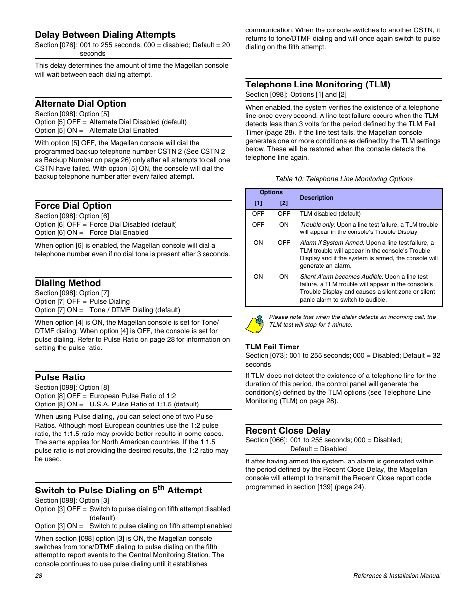 Delay between dialing attempts, Alternate dial option, Force dial option | Dialing method, Pulse ratio, Switch to pulse dialing on 5, Attempt, Telephone line monitoring (tlm), Recent close delay | Magellan All-In-One Security System V1.0 MG-6060 User Manual | Page 30 / 48