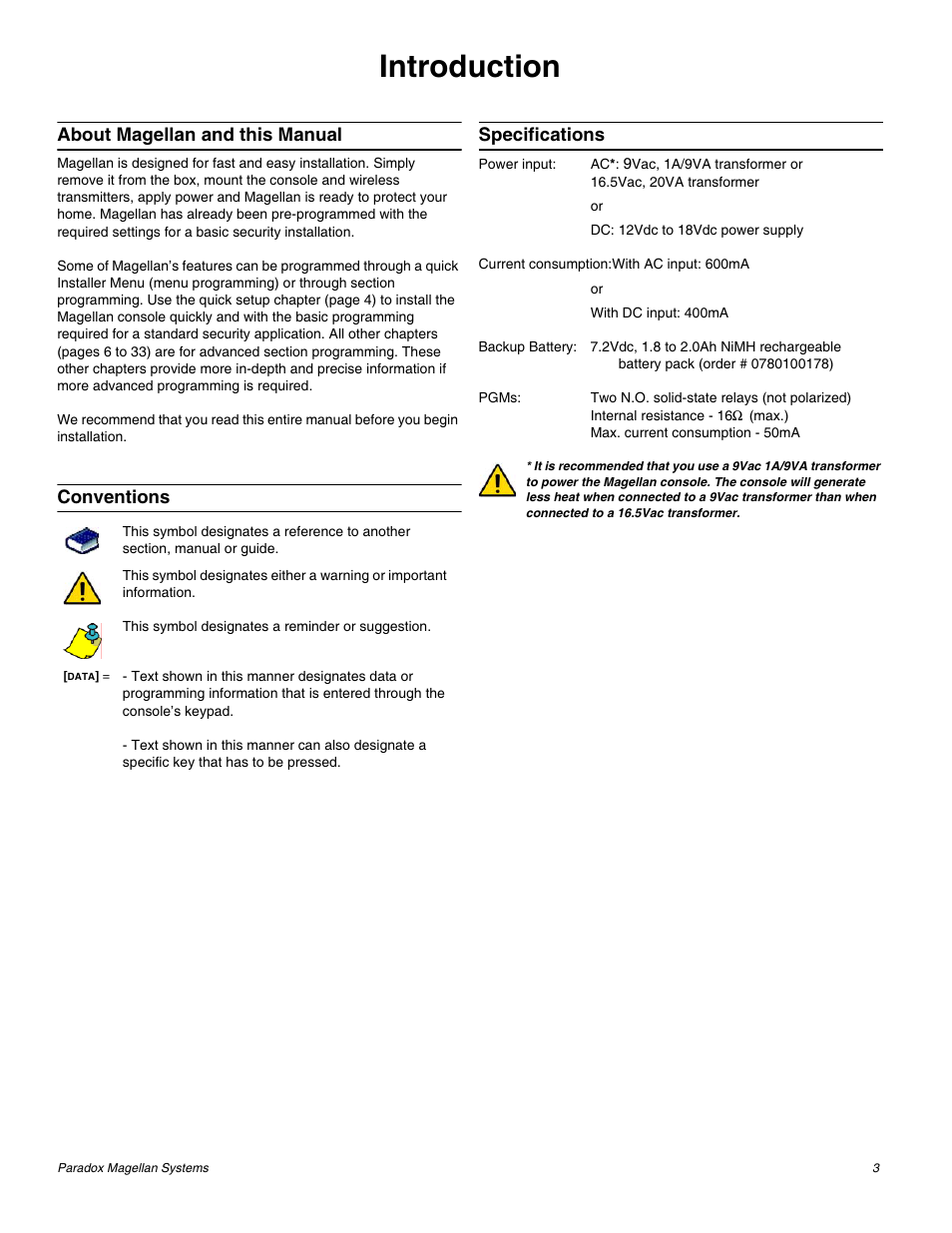 Introduction, About magellan and this manual, Conventions specifications | Magellan All-In-One Security System V1.0 MG-6060 User Manual | Page 5 / 48