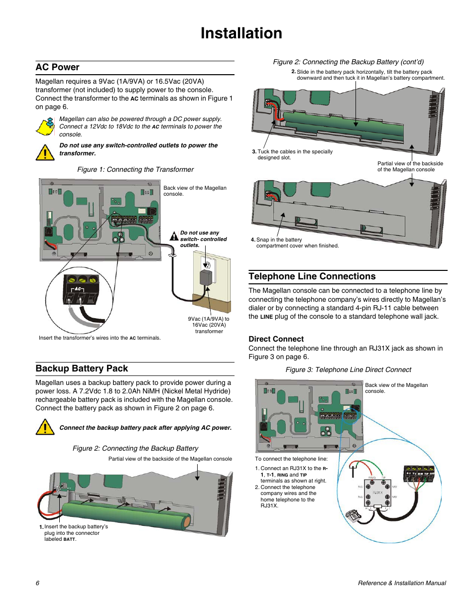 Installation, Ac power, Backup battery pack | Telephone line connections | Magellan All-In-One Security System V1.0 MG-6060 User Manual | Page 8 / 48