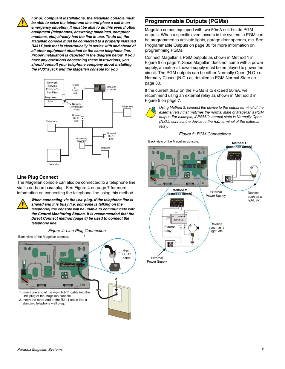 Programmable outputs (pgms), Line plug connect | Magellan All-In-One Security System V1.0 MG-6060 User Manual | Page 9 / 48