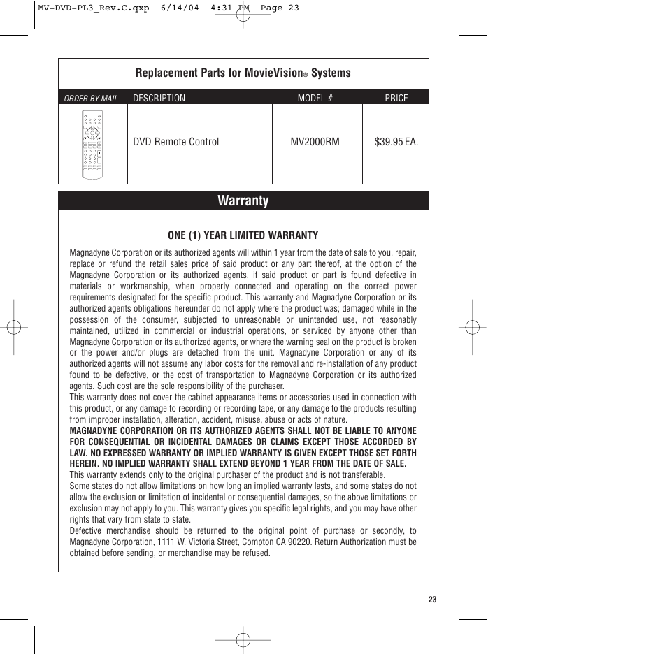 Warranty | Magnadyne MV-DVD-PL3 User Manual | Page 23 / 24