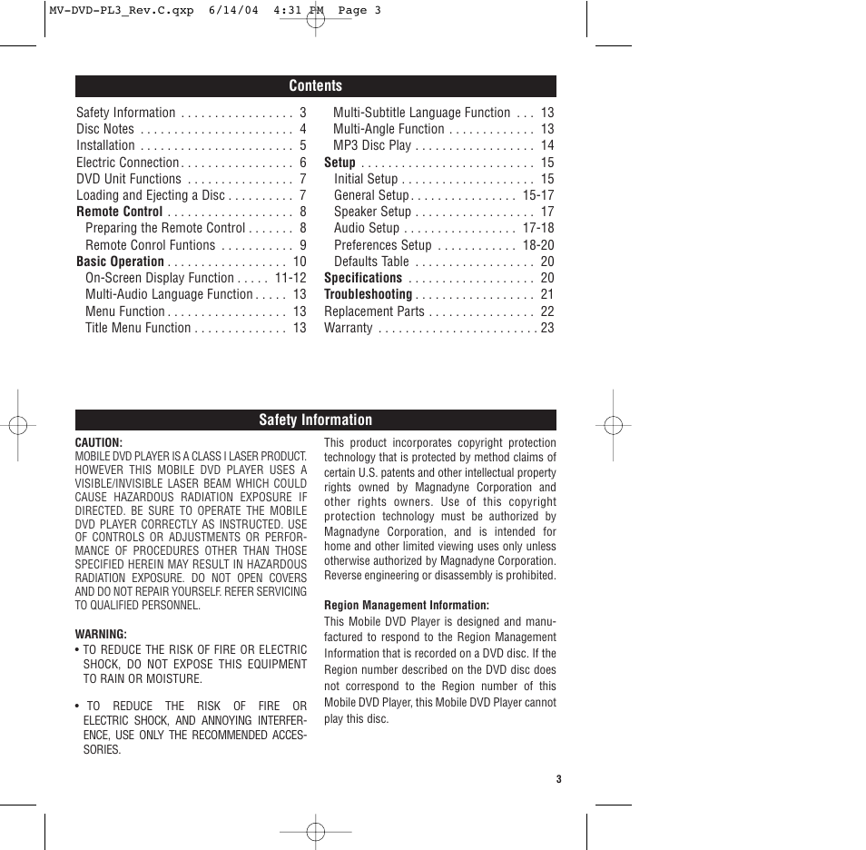 Magnadyne MV-DVD-PL3 User Manual | Page 3 / 24