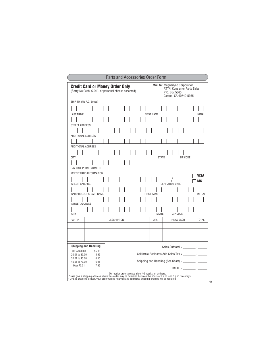 Credit card or money order only, Parts and accessories order form | Magnadyne EXTREME X7 User Manual | Page 11 / 13