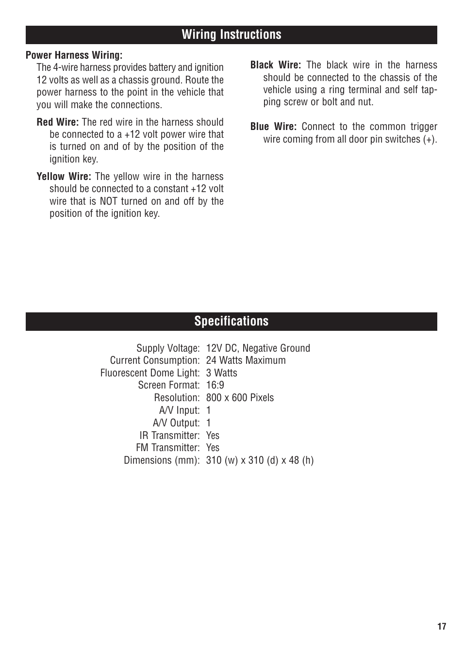 Wiring instructions specifications | Magnadyne MV1020 User Manual | Page 17 / 20