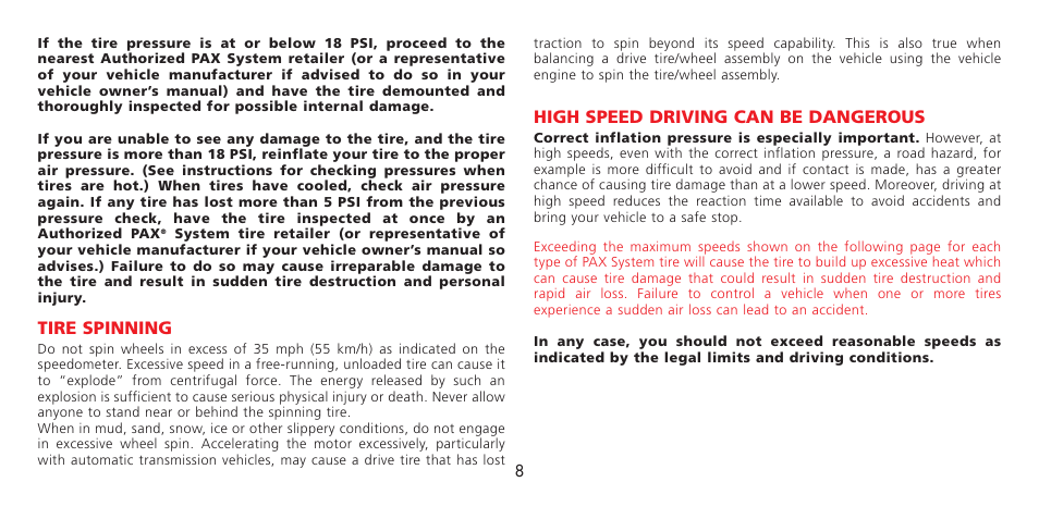 Tire spinning, High speed driving can be dangerous | Michelin LIGHT TRUCK TIRE User Manual | Page 8 / 16