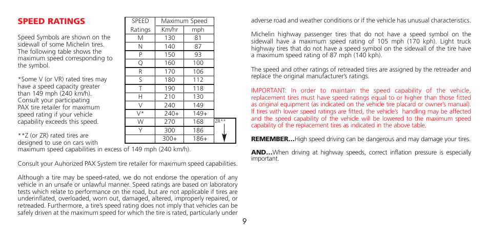 Speed ratings | Michelin LIGHT TRUCK TIRE User Manual | Page 9 / 16