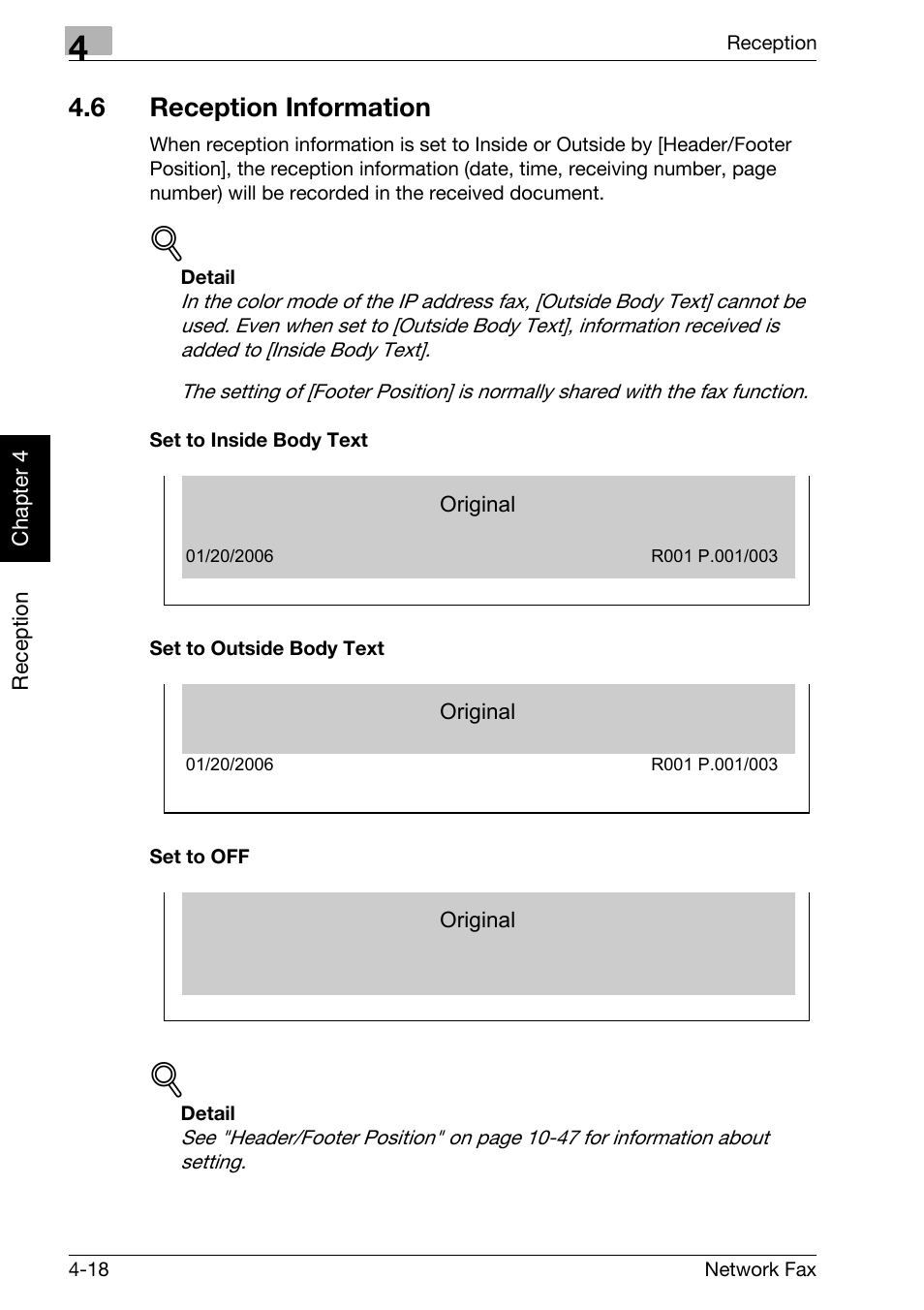 6 reception information, Set to inside body text, Set to outside body text | Set to off, Reception information -18 | Konica Minolta bizhub C300 User Manual | Page 105 / 342